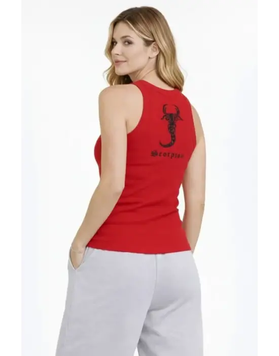 Fitilli Atlet Sıfır Yaka Slim Fit Arka Baskılı Spor Atlet - Kırmızı