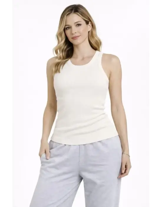 Fitilli Atlet Sıfır Yaka Slim Fit Arka Baskılı Spor Atlet - Krem