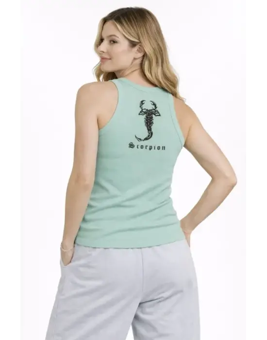 Fitilli Atlet Sıfır Yaka Slim Fit Arka Baskılı Spor Atlet - Mint Yeşili