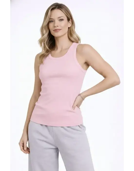 Fitilli Atlet Sıfır Yaka Slim Fit Arka Baskılı Spor Atlet - Pembe