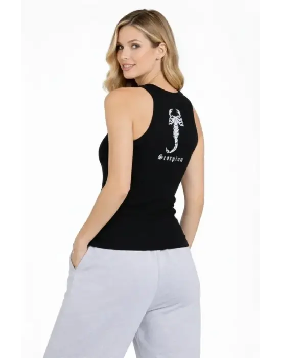 Fitilli Atlet Sıfır Yaka Slim Fit Arka Baskılı Spor Atlet - Siyah