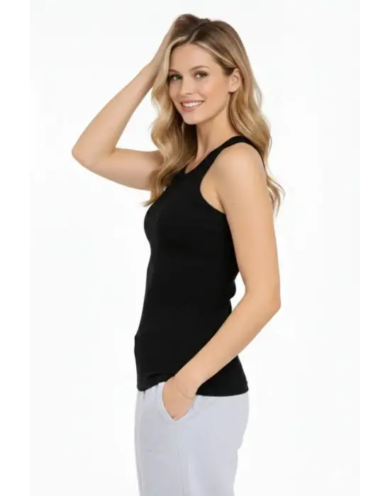 Fitilli Atlet Sıfır Yaka Slim Fit Arka Baskılı Spor Atlet - Siyah