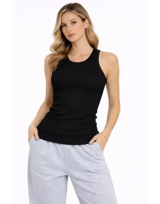 Fitilli Atlet Sıfır Yaka Slim Fit Arka Baskılı Spor Atlet - Siyah