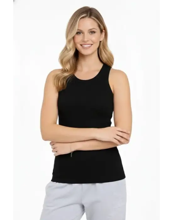 Fitilli Atlet Sıfır Yaka Slim Fit Arka Baskılı Spor Atlet - Siyah