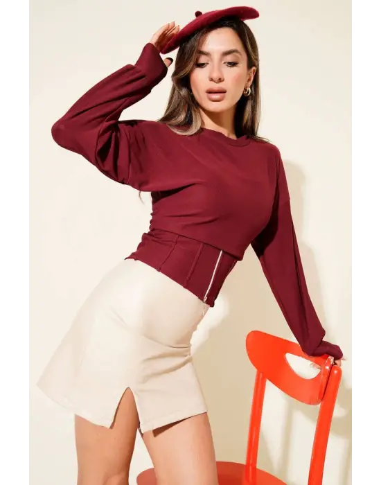 Fitilli Bisiklet Yaka İkili Bluz bordo T4341