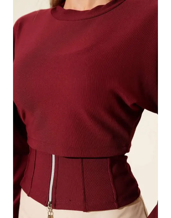Fitilli Bisiklet Yaka İkili Bluz bordo T4341