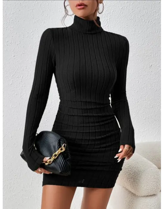 Fitilli boğazlı  şardonlu elbise siyah