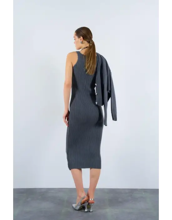 Fitilli Elbise Hırkalı Takım - Füme