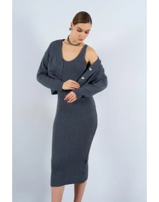 Fitilli Elbise Hırkalı Takım - Füme