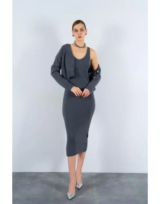 Fitilli Elbise Hırkalı Takım - Füme