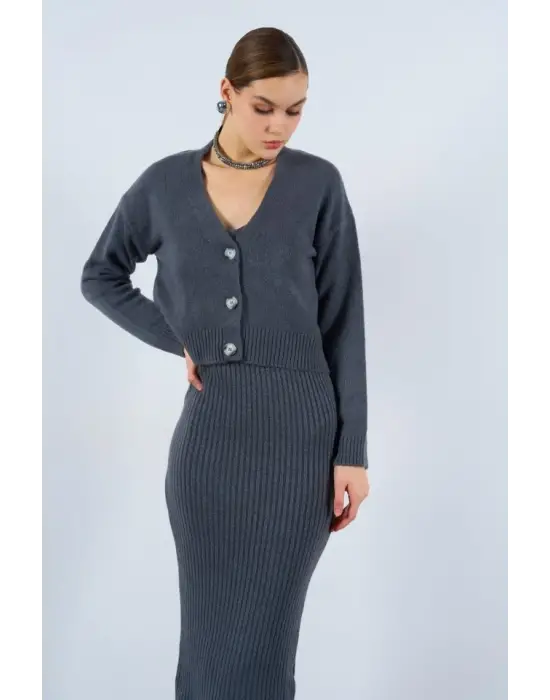 Fitilli Elbise Hırkalı Takım - Füme