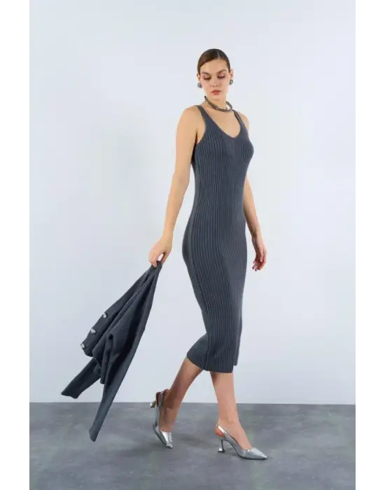 Fitilli Elbise Hırkalı Takım - Füme