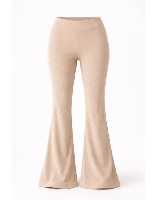 Fitilli Kaşkorse İspanyol Paça Tayt Yüksek Bel Esnek Günlük Rahat Pantolon - Bej