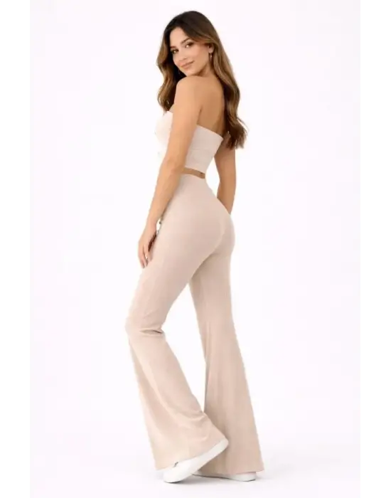 Fitilli Kaşkorse İspanyol Paça Tayt Yüksek Bel Esnek Günlük Rahat Pantolon - Bej