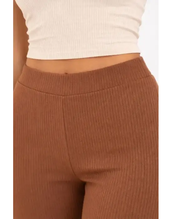 Fitilli Kaşkorse İspanyol Paça Tayt Yüksek Bel Esnek Günlük Rahat Pantolon - Kahverengi