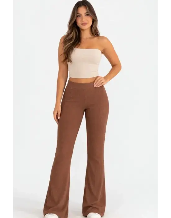 Fitilli Kaşkorse İspanyol Paça Tayt Yüksek Bel Esnek Günlük Rahat Pantolon - Kahverengi