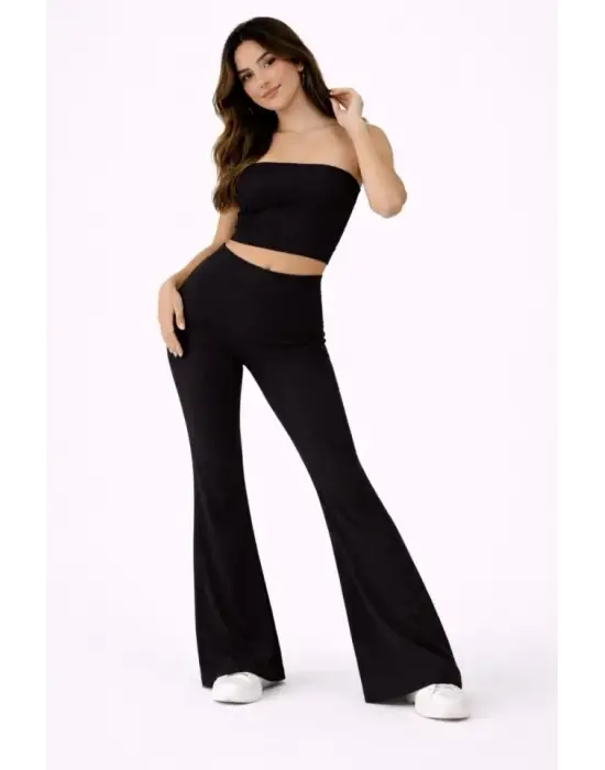 Fitilli Kaşkorse İspanyol Paça Tayt Yüksek Bel Esnek Günlük Rahat Pantolon - Siyah