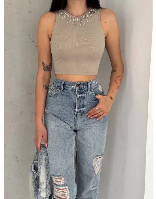 Omarı Vizon Rengi Fitilli Kaşkorse Atlet - Zincir Detaylı