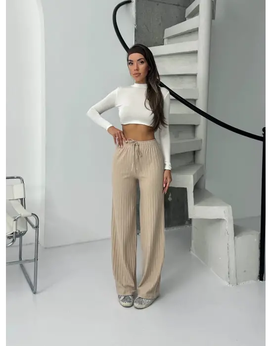 Fitilli şardonlu pantolon bej a4058