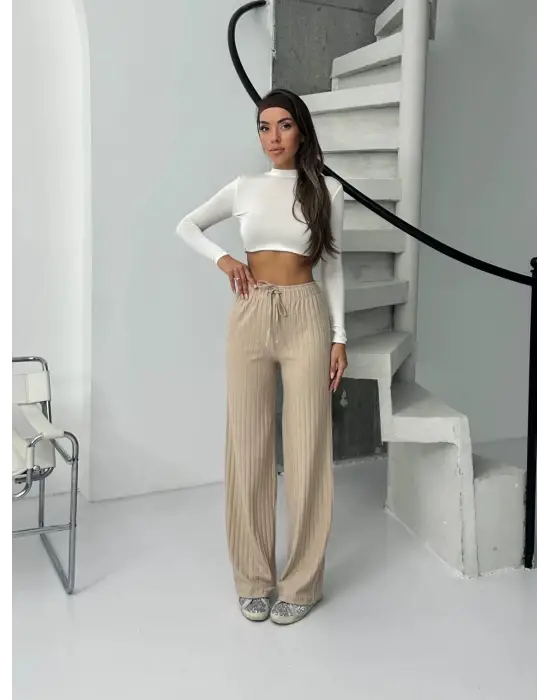 Fitilli şardonlu pantolon bej a4058