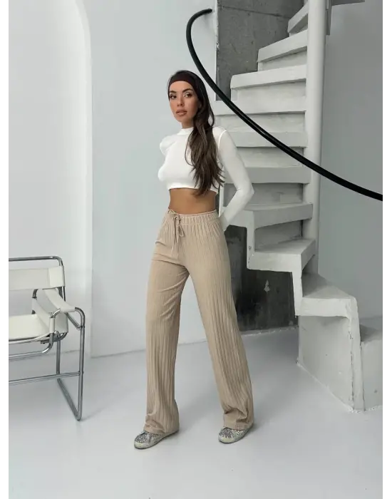Fitilli şardonlu pantolon bej a4058