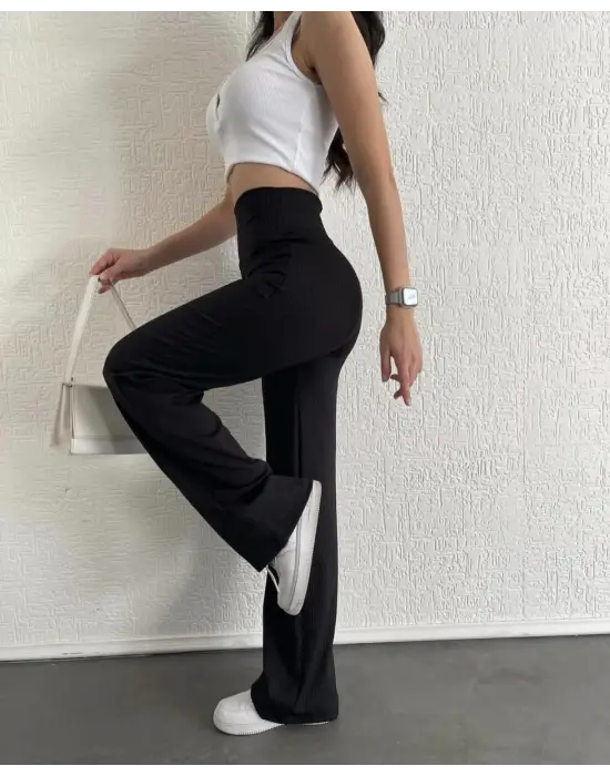 Omarı Fitilli Siyah Palazzo Pantolon - Trendy ve Rahat Stil