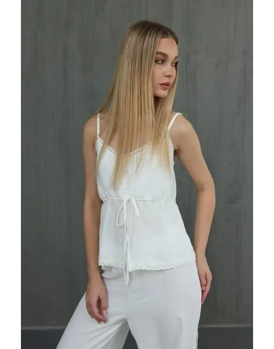 Fiyonklu Bluz Takım - Beyaz