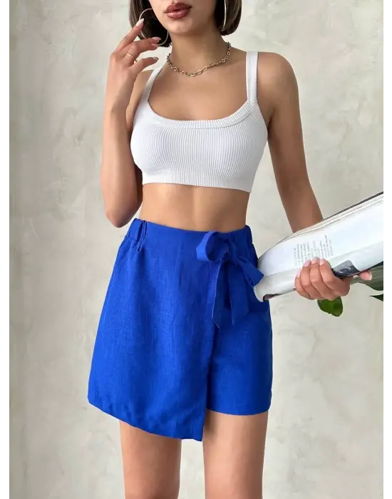 Fiyonklu şort etek saks s255021