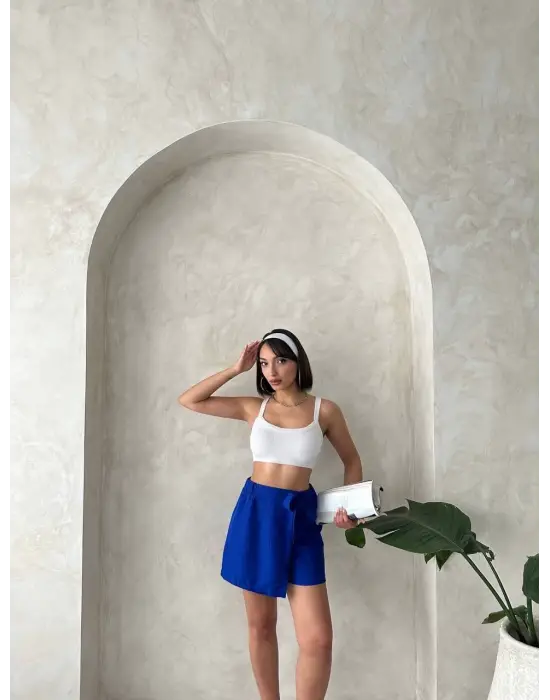 Fiyonklu şort etek saks s255021