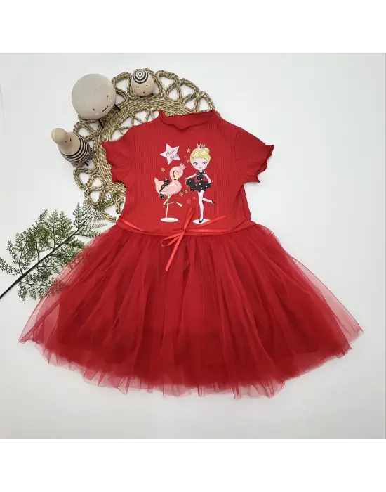 Omarı Çocuk Kız Flamingo Balerin Tütü Elbise - Kırmızı
