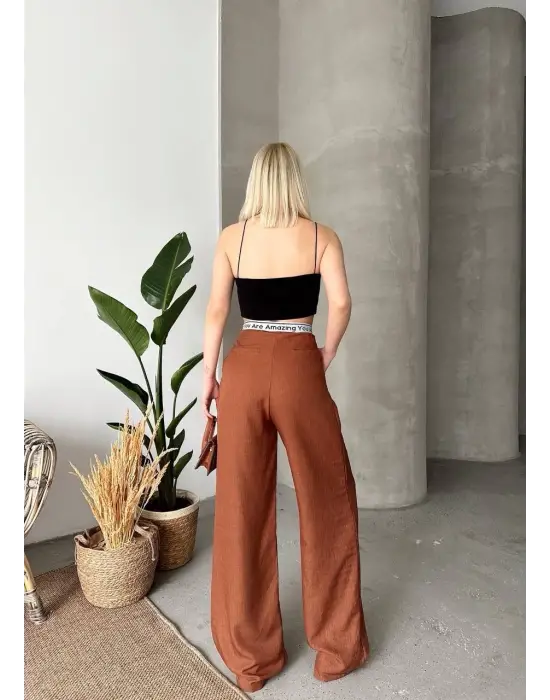 Omarı Yüksek Bel Flamlı Kahve Pantolon