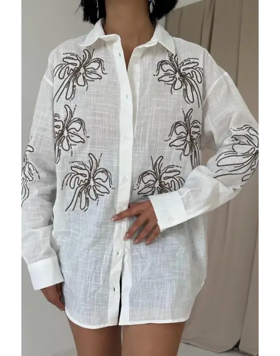 Omarı Flamlı Keten Nakışlı Pullu Gömlek