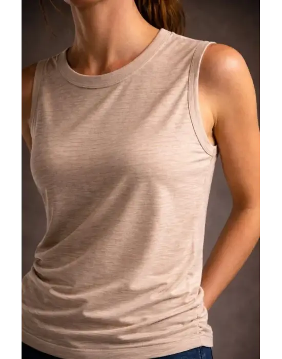 Flamlı Kumaş Sıfır Kolsuz Atlet Basic Spor Üst, Günlük Ve Fitness Kullanımına Uygun - Taş