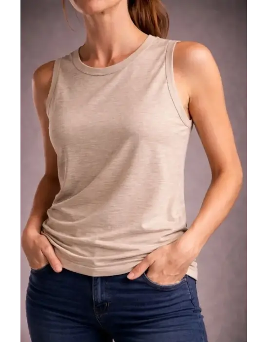 Flamlı Kumaş Sıfır Kolsuz Atlet Basic Spor Üst, Günlük Ve Fitness Kullanımına Uygun - Taş