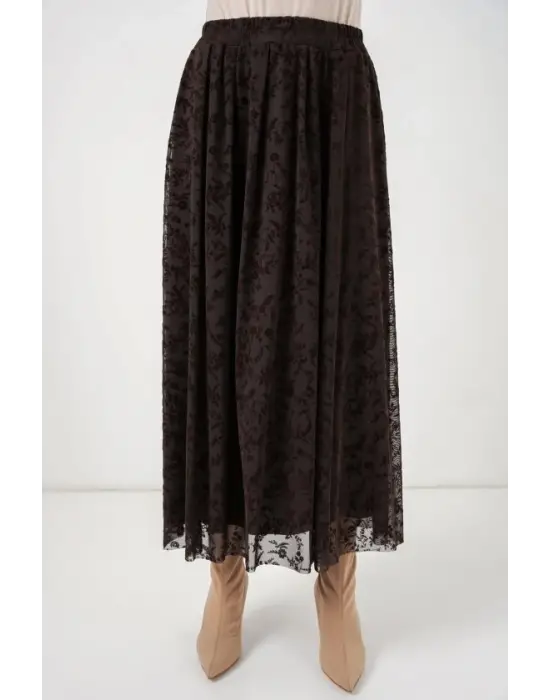 Flok Baskılı Astarlı Etek 8069 - Kahverengi