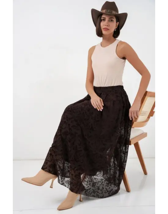 Flok Baskılı Astarlı Etek 8069 - Kahverengi