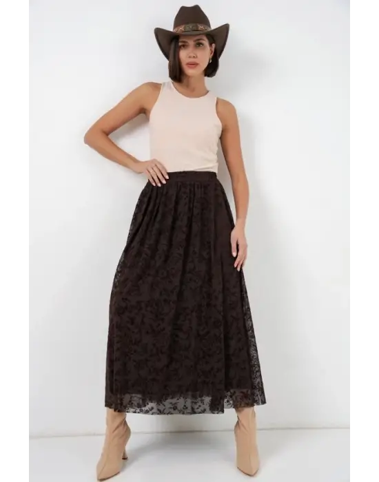 Flok Baskılı Astarlı Etek 8069 - Kahverengi