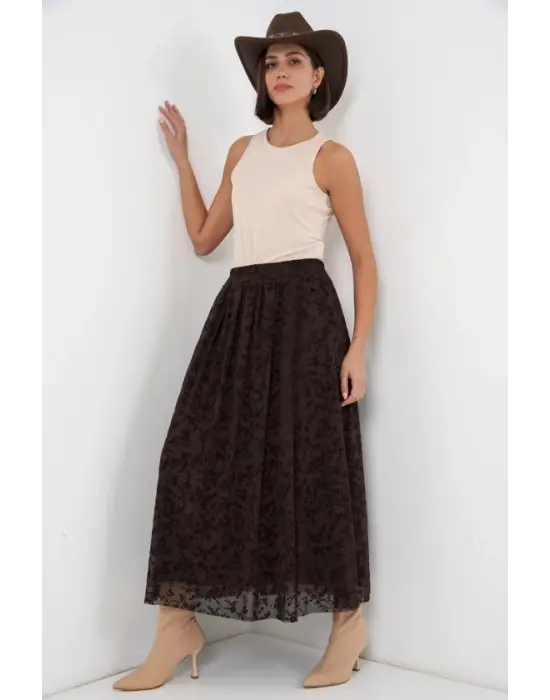 Flok Baskılı Astarlı Etek 8069 - Kahverengi