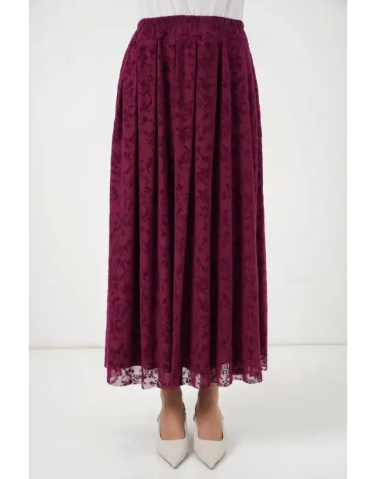 Flok Baskılı Astarlı Etek 8069 - Mürdüm