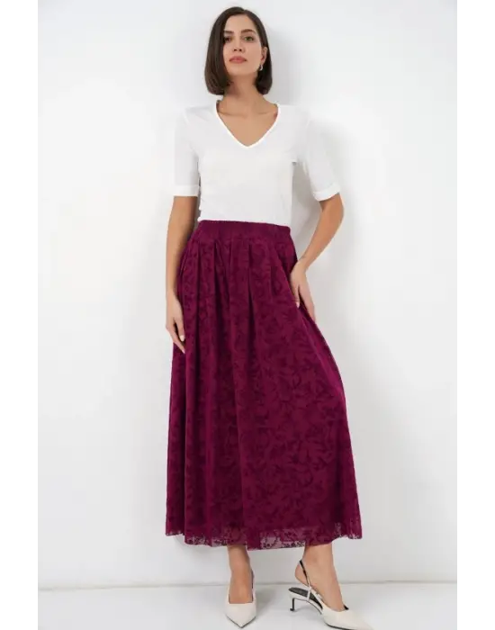 Flok Baskılı Astarlı Etek 8069 - Mürdüm