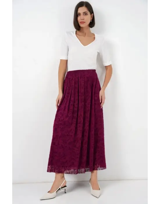 Flok Baskılı Astarlı Etek 8069 - Mürdüm