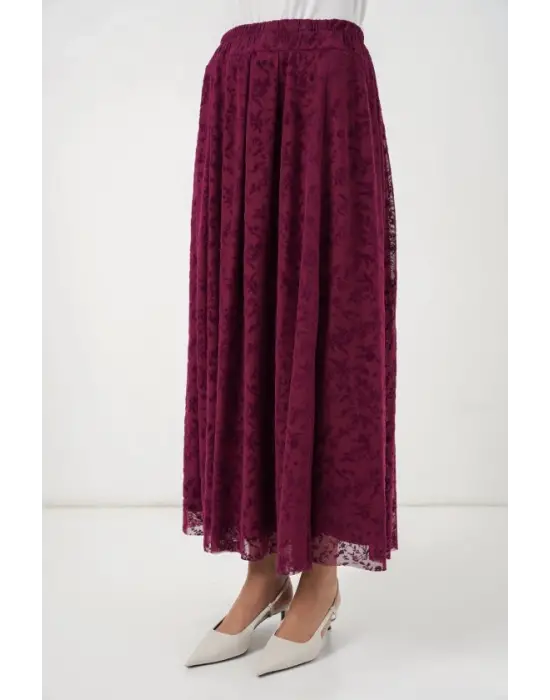 Flok Baskılı Astarlı Etek 8069 - Mürdüm