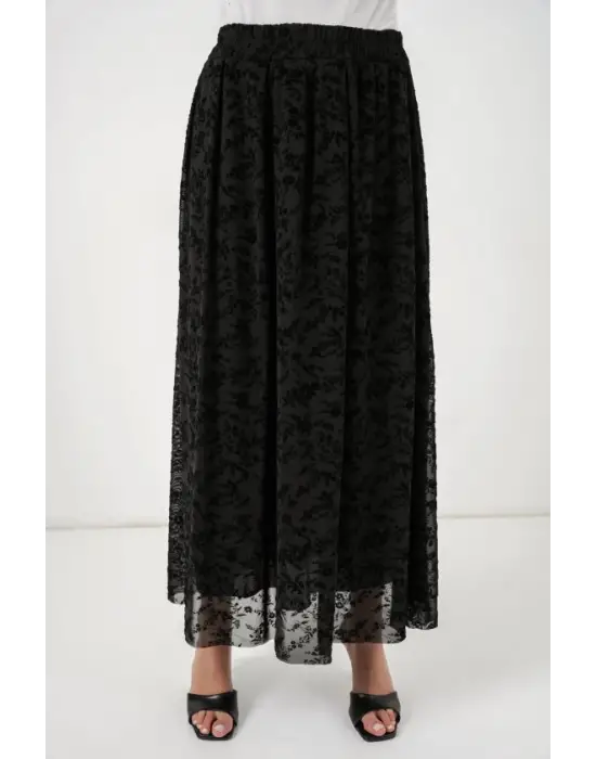 Flok Baskılı Astarlı Etek 8069 - Siyah