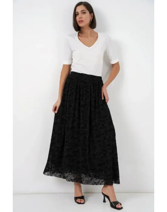 Flok Baskılı Astarlı Etek 8069 - Siyah