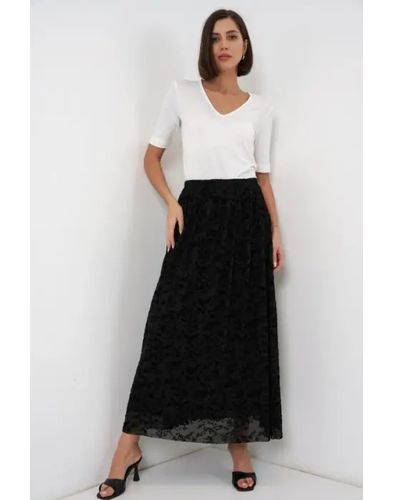 Flok Baskılı Astarlı Etek 8069 - Siyah