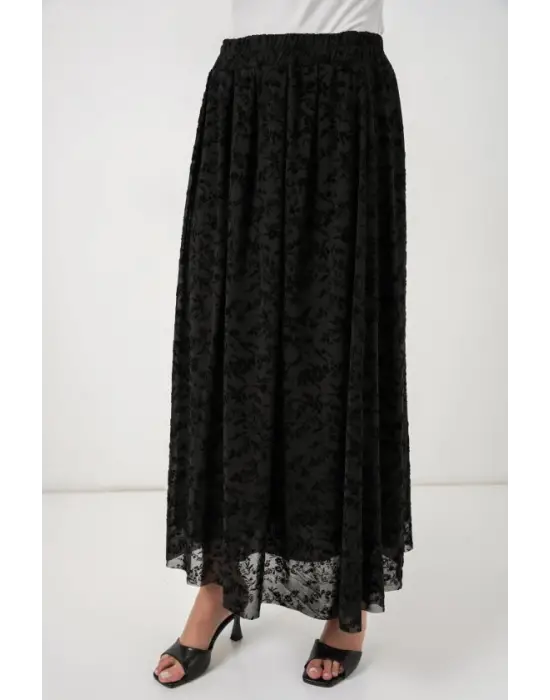 Flok Baskılı Astarlı Etek 8069 - Siyah