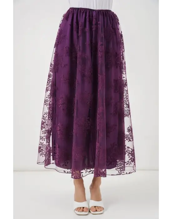 Flok Baskılı Uzun Tül Etek 8070 - Mor