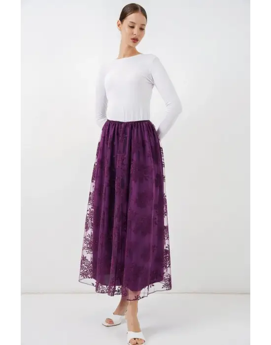 Flok Baskılı Uzun Tül Etek 8070 - Mor