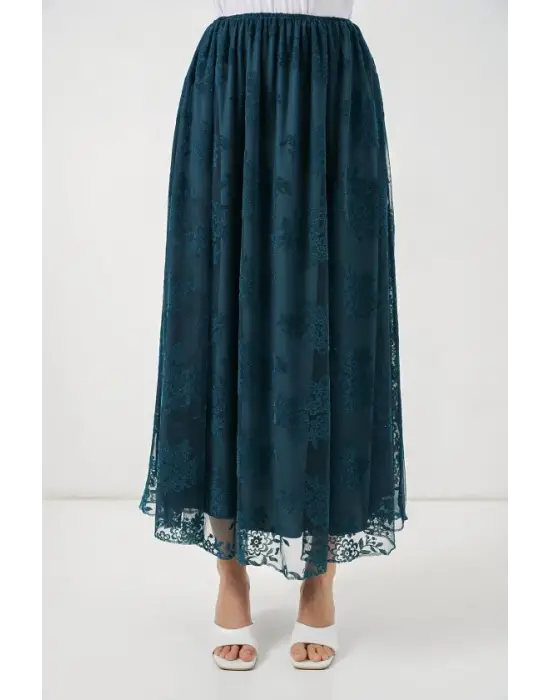 Flok Baskılı Uzun Tül Etek 8070 - Petrol