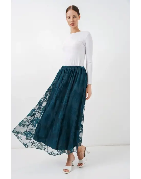 Flok Baskılı Uzun Tül Etek 8070 - Petrol